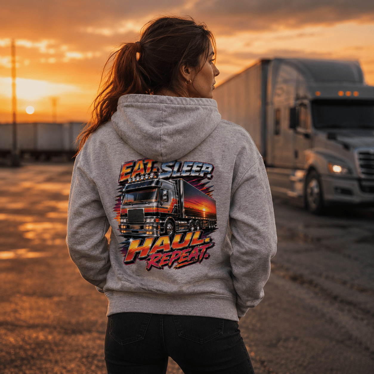 Woman wearing a grey hoodie featuring an 80s retro synthwave graphic of a cab-over lorry at sunset with neon style text reading Eat Sleep Haul Repeat.