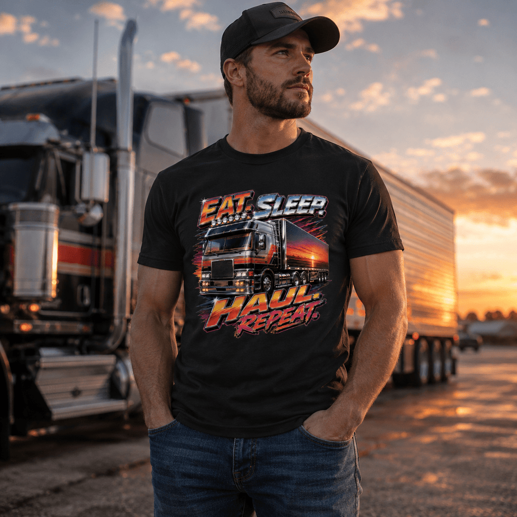 Man wearing a t-shirt with a truck design and text, standing in front of a large truck at sunset.