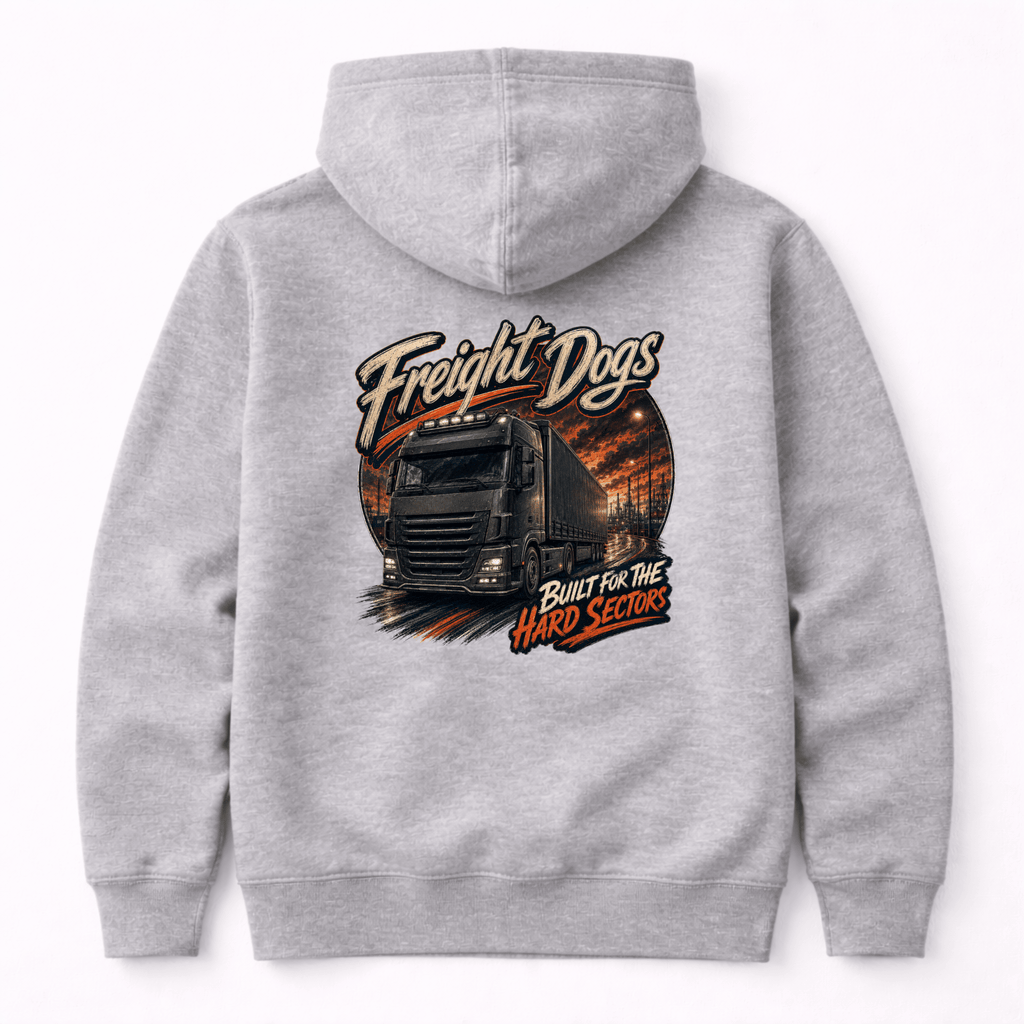 Camberline Freight Dogs Hoodie showing the back graphic print for lorries and haulage clothing