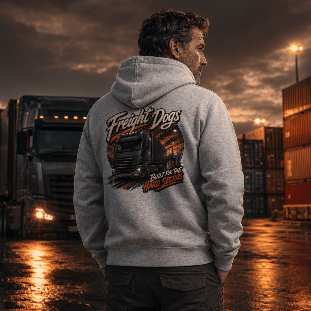 Model wearing the Camberline Freight Dogs Hoodie with lorry graphic clothing design