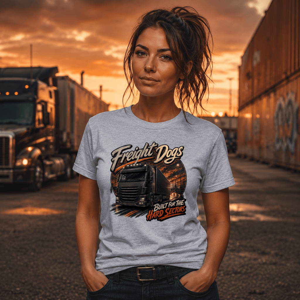 Model wearing the Camberline Freight Dogs T-Shirt with lorry graphic clothing design