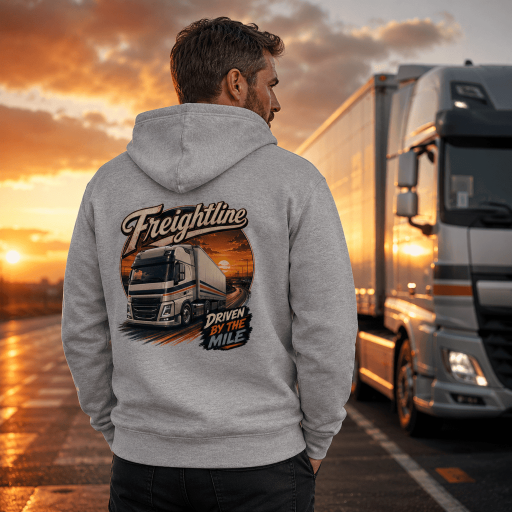 Model wearing the Camberline Freightline Box Truck Hoodie with lorry graphic clothing design