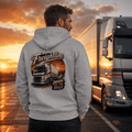 Model wearing the Camberline Freightline Box Truck Hoodie with lorry graphic clothing design