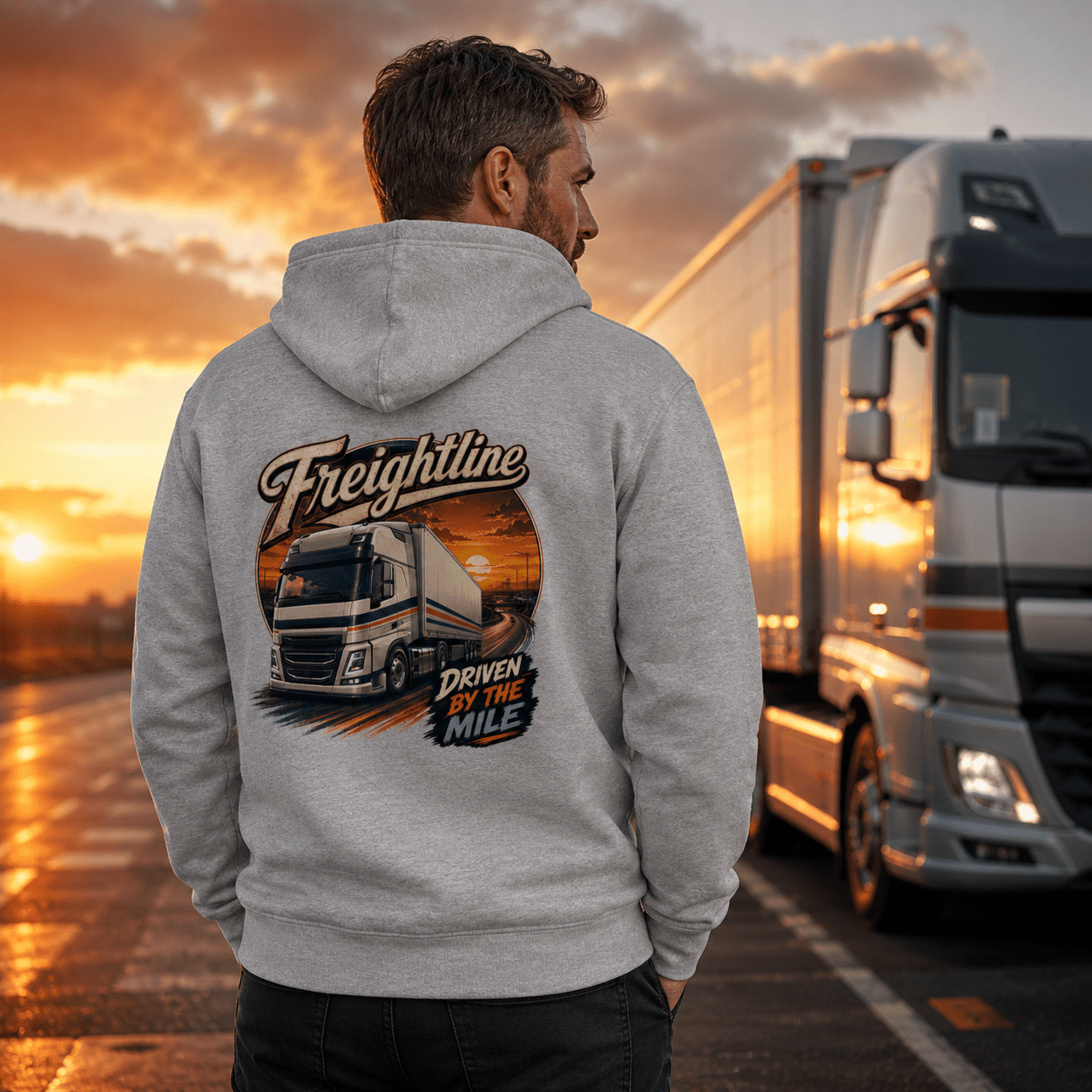 Model wearing the Camberline Freightline Box Truck Hoodie with lorry graphic clothing design