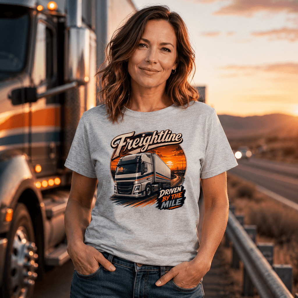 Model wearing the Camberline Freightline Box Truck T-Shirt with lorry graphic clothing design
