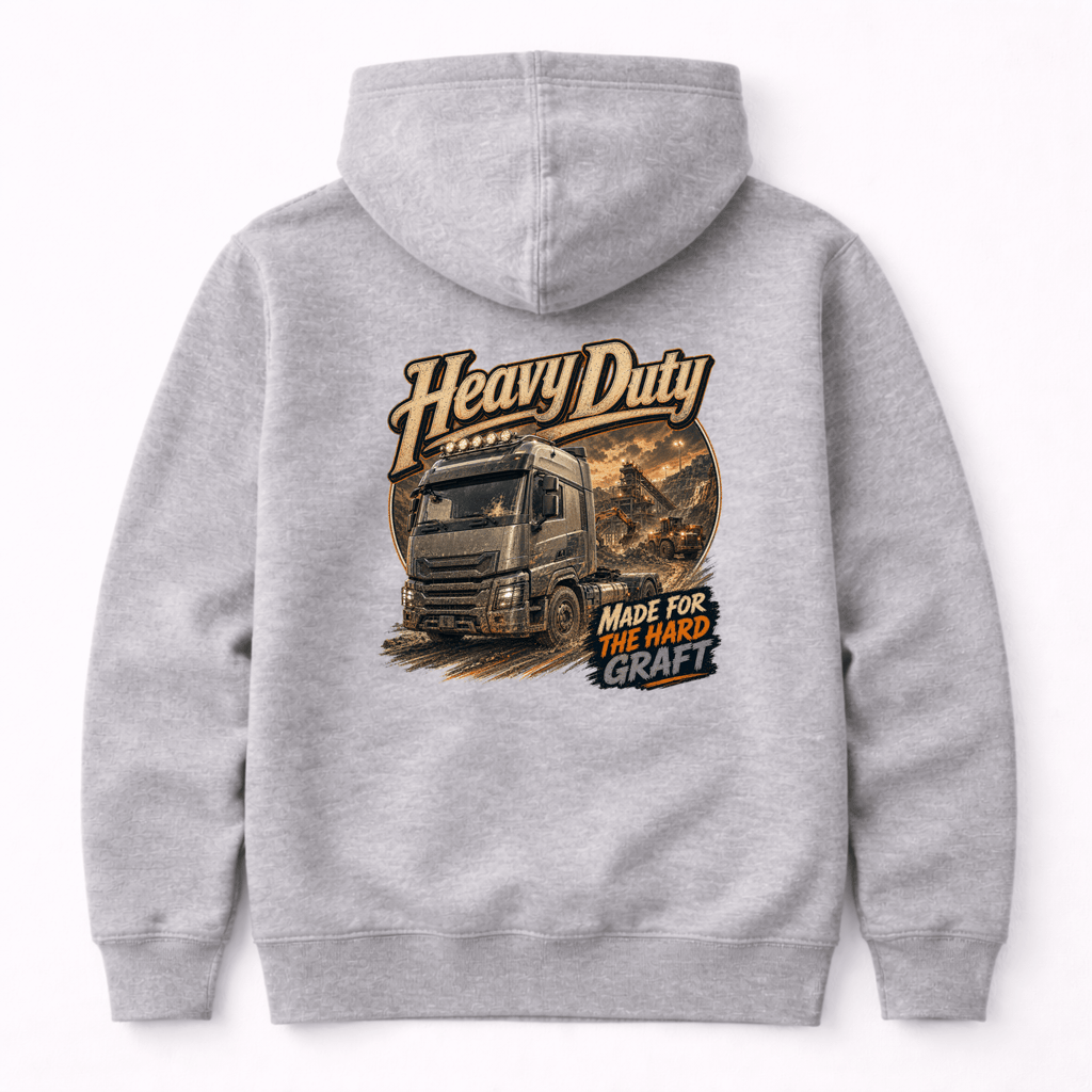 Camberline Heavy Duty Tipper Hoodie showing the back graphic print for lorries and haulage clothing