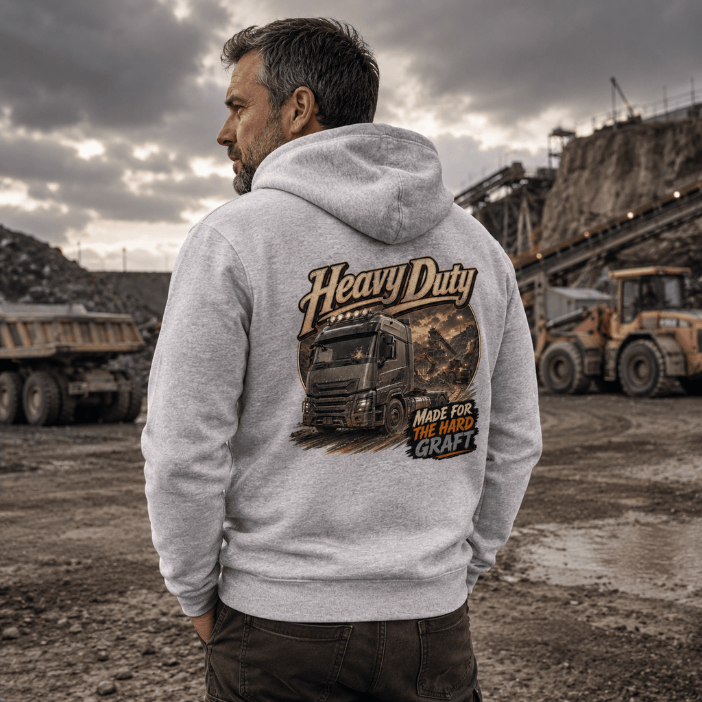 Model wearing the Camberline Heavy Duty Tipper Hoodie with lorry graphic clothing design