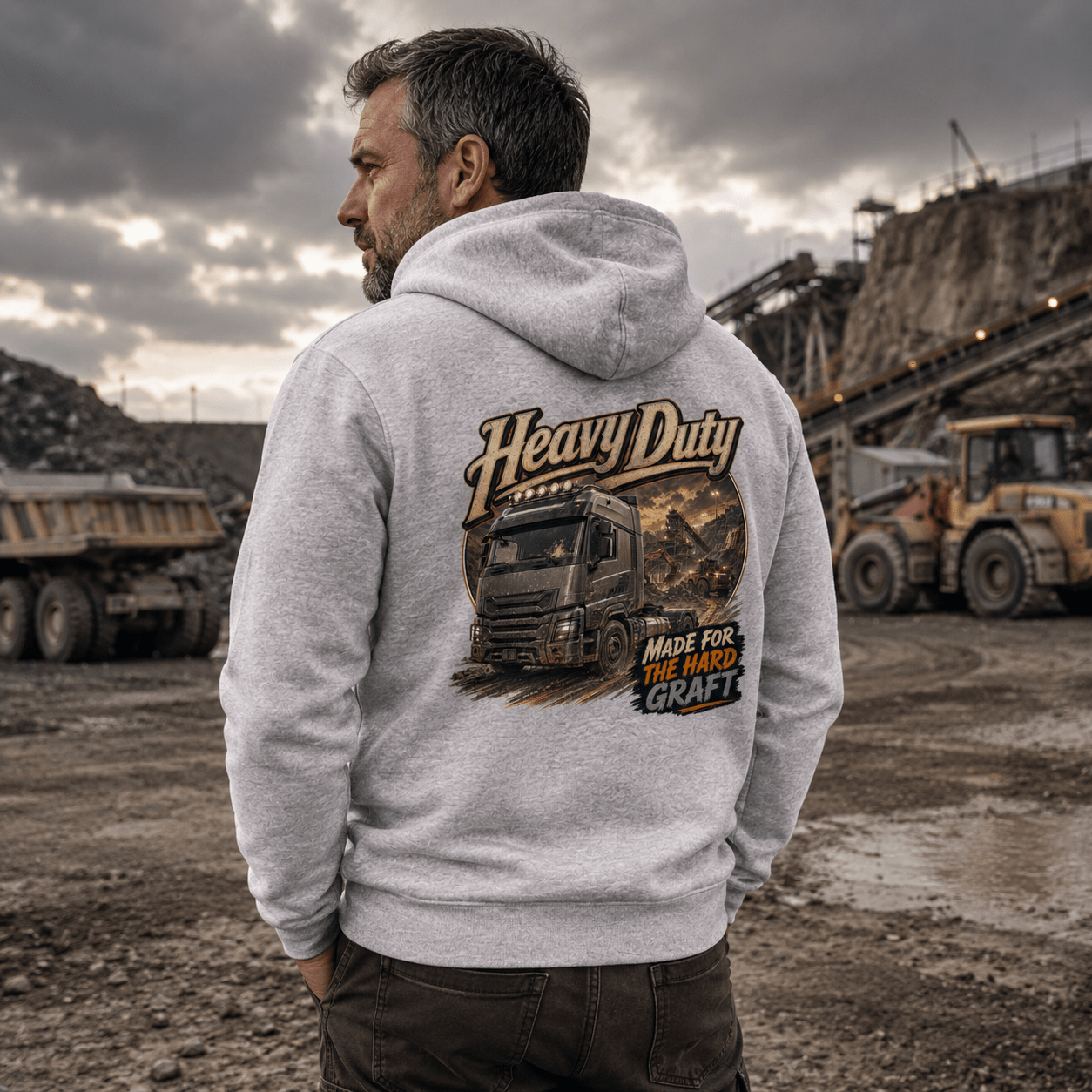 Model wearing the Camberline Heavy Duty Tipper Hoodie with lorry graphic clothing design
