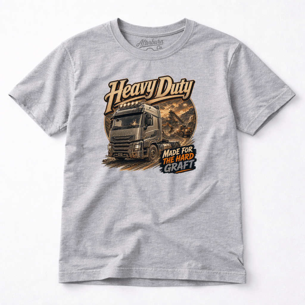 Model wearing the Camberline Heavy Duty Tipper T-Shirt with lorry graphic clothing design