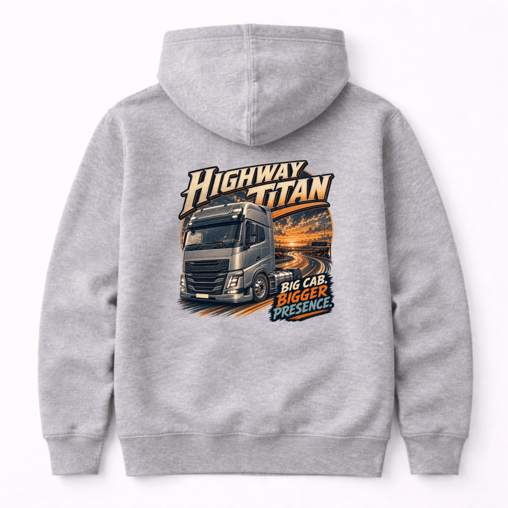 Camberline Highway Titan Lorry Hoodie showing the back graphic print for lorries and haulage clothing