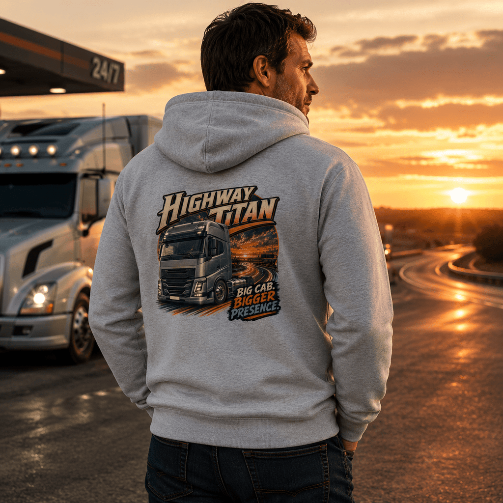 Model wearing the Camberline Highway Titan Lorry Hoodie with lorry graphic clothing design