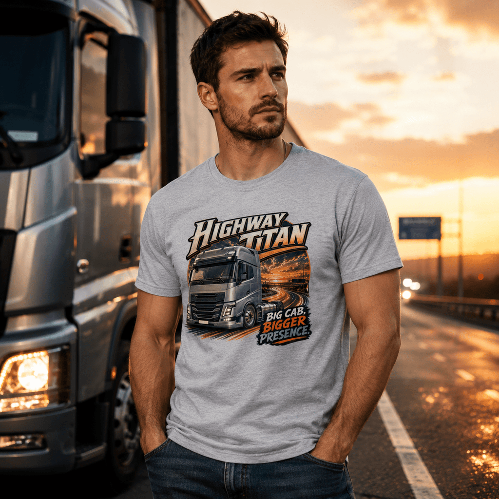 Model wearing the Camberline Highway Titan Lorry T-Shirt with lorry graphic clothing design