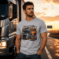 Model wearing the Camberline Highway Titan Lorry T-Shirt with lorry graphic clothing design