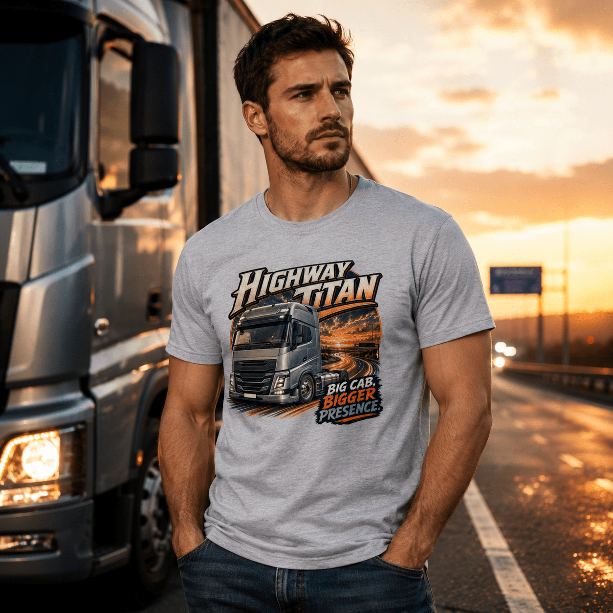 Model wearing the Camberline Highway Titan Lorry T-Shirt with lorry graphic clothing design