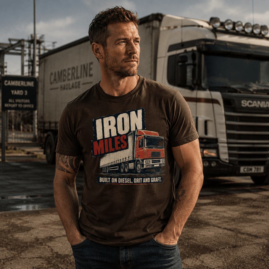 Man wearing a Brown t-shirt featuring an illustration of a red and white European lorry with the text Iron Miles and Built on diesel, grit and graft.