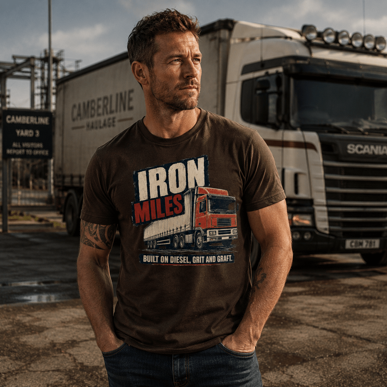 Man wearing a Brown t-shirt featuring an illustration of a red and white European lorry with the text Iron Miles and Built on diesel, grit and graft.