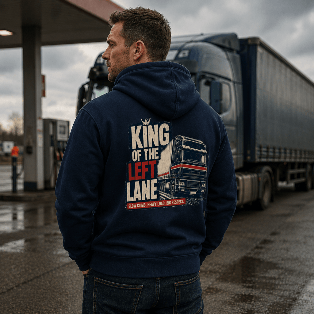 Man wearing a navy blue hoodie featuring a distressed graphic of a black and red European lorry with the text King of the Left Lane and Slow climb Heavy load Big respect.