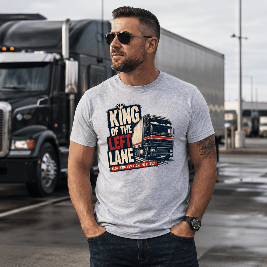 Man wearing a Grey t-shirt featuring a distressed graphic of a black and red European lorry with the text King of the Left Lane and Slow climb Heavy load Big respect.