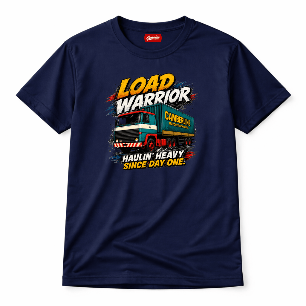 Navy blue t-shirt featuring a retro red and teal cab-over lorry graphic with the text Load Warrior and Haulin' Heavy Since Day One.