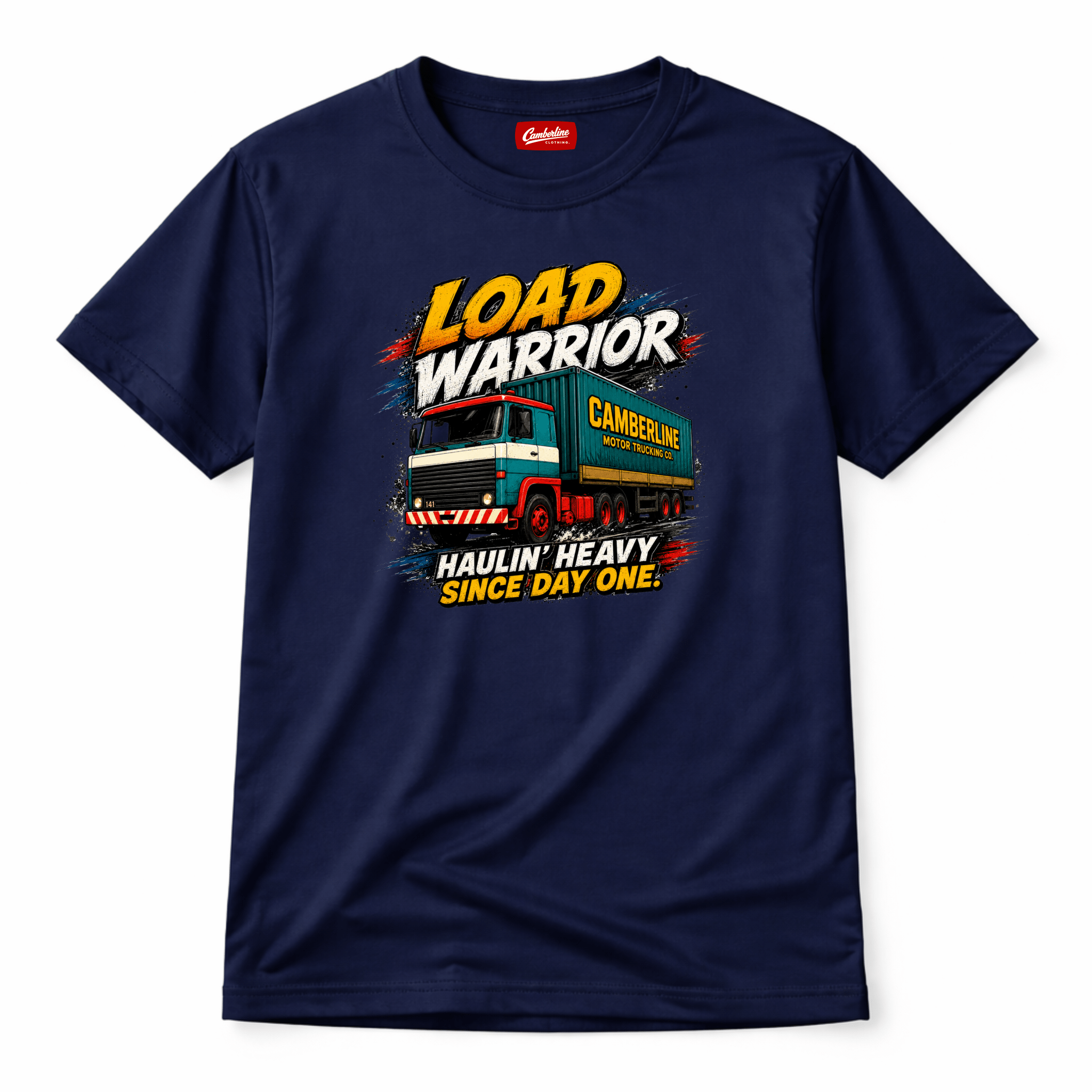 Navy blue t-shirt featuring a retro red and teal cab-over lorry graphic with the text Load Warrior and Haulin' Heavy Since Day One.