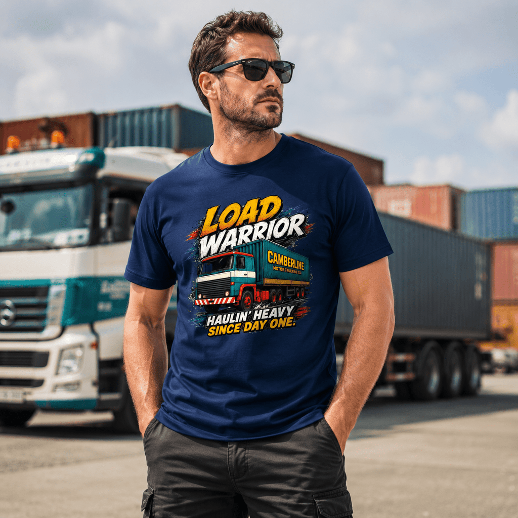 Man wearing a Navy blue t-shirt featuring a retro red and teal cab-over lorry graphic with the text Load Warrior and Haulin' Heavy Since Day One.