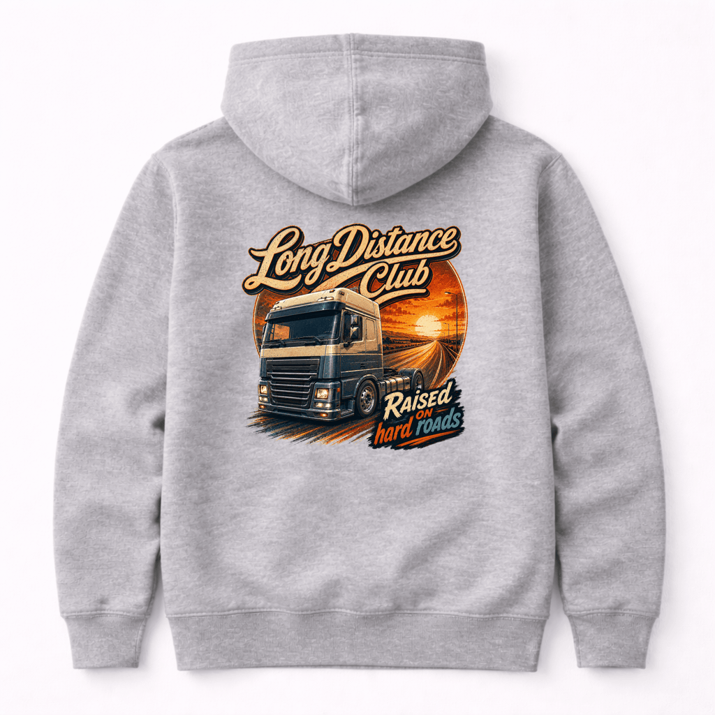 Camberline Long Distance Club Lorry Hoodie showing the back graphic print for lorries and haulage clothing