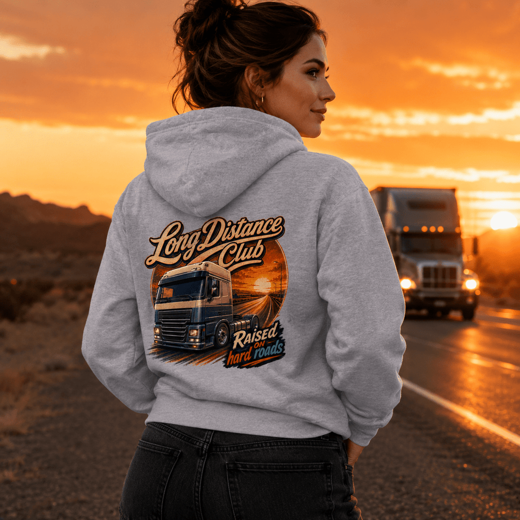 Model wearing the Camberline Long Distance Club Lorry Hoodie with lorry graphic clothing design
