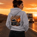Model wearing the Camberline Long Distance Club Lorry Hoodie with lorry graphic clothing design