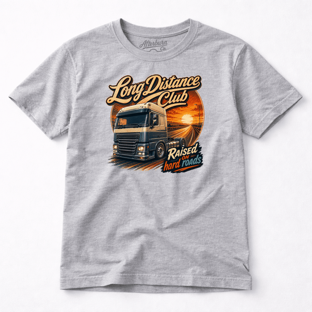 Camberline Long Distance Club Lorry T-Shirt showing the front graphic print for lorries and haulage clothing