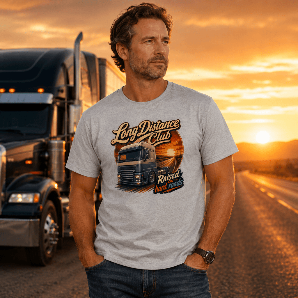 Model wearing the Camberline Long Distance Club Lorry T-Shirt with lorry graphic clothing design