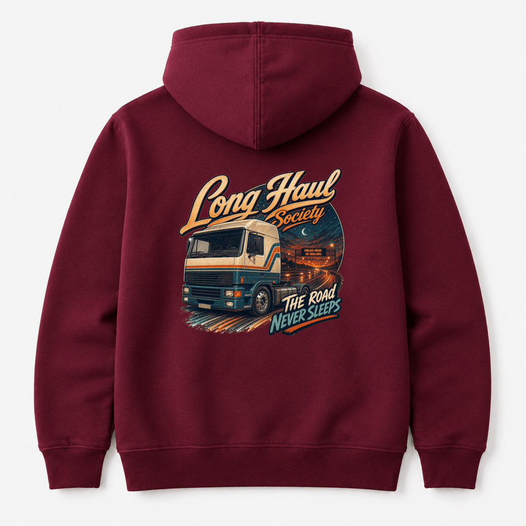 Camberline Long Haul Society Hoodie showing the back graphic print for lorries and haulage clothing