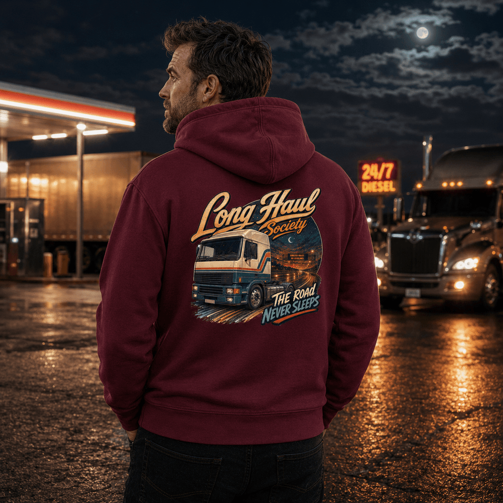 Model wearing the Camberline Long Haul Society Hoodie with lorry graphic clothing design