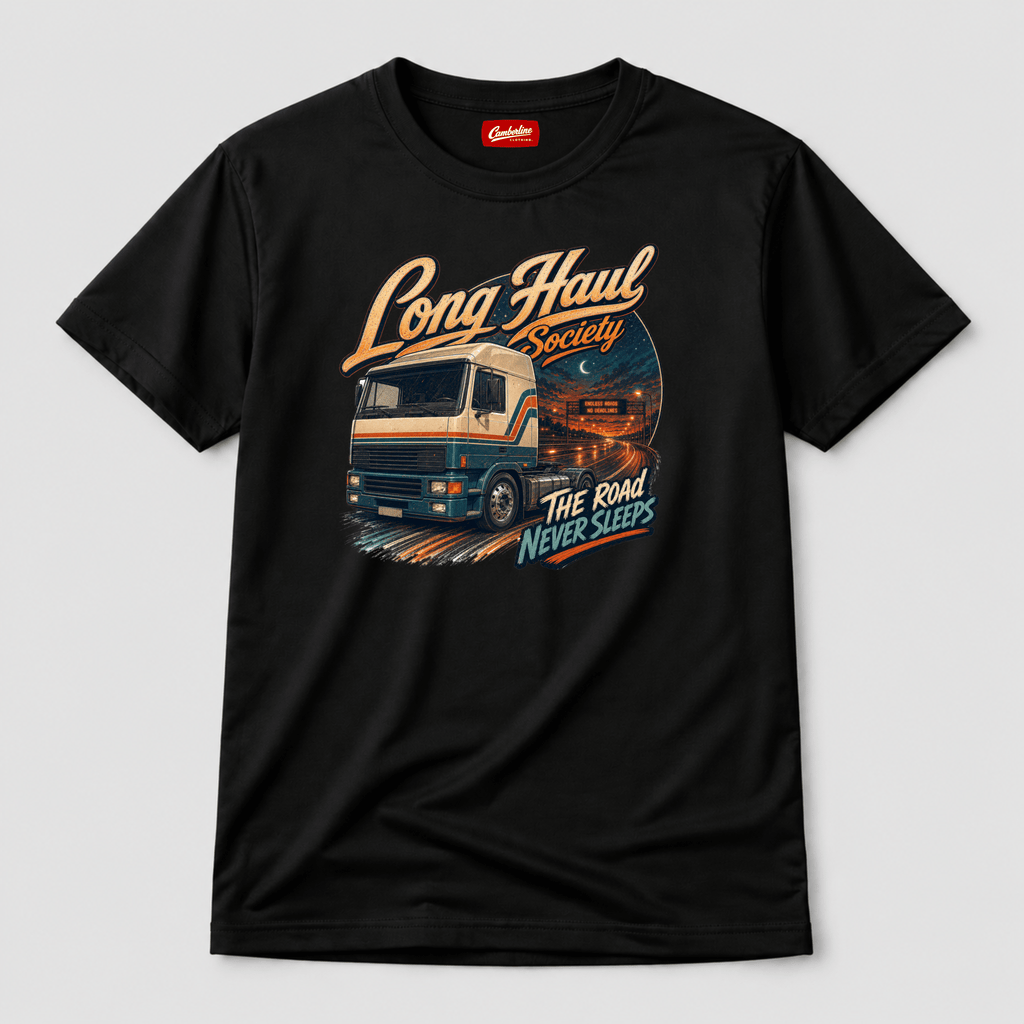 Camberline Long Haul Society T-Shirt showing the front graphic print for lorries and haulage clothing