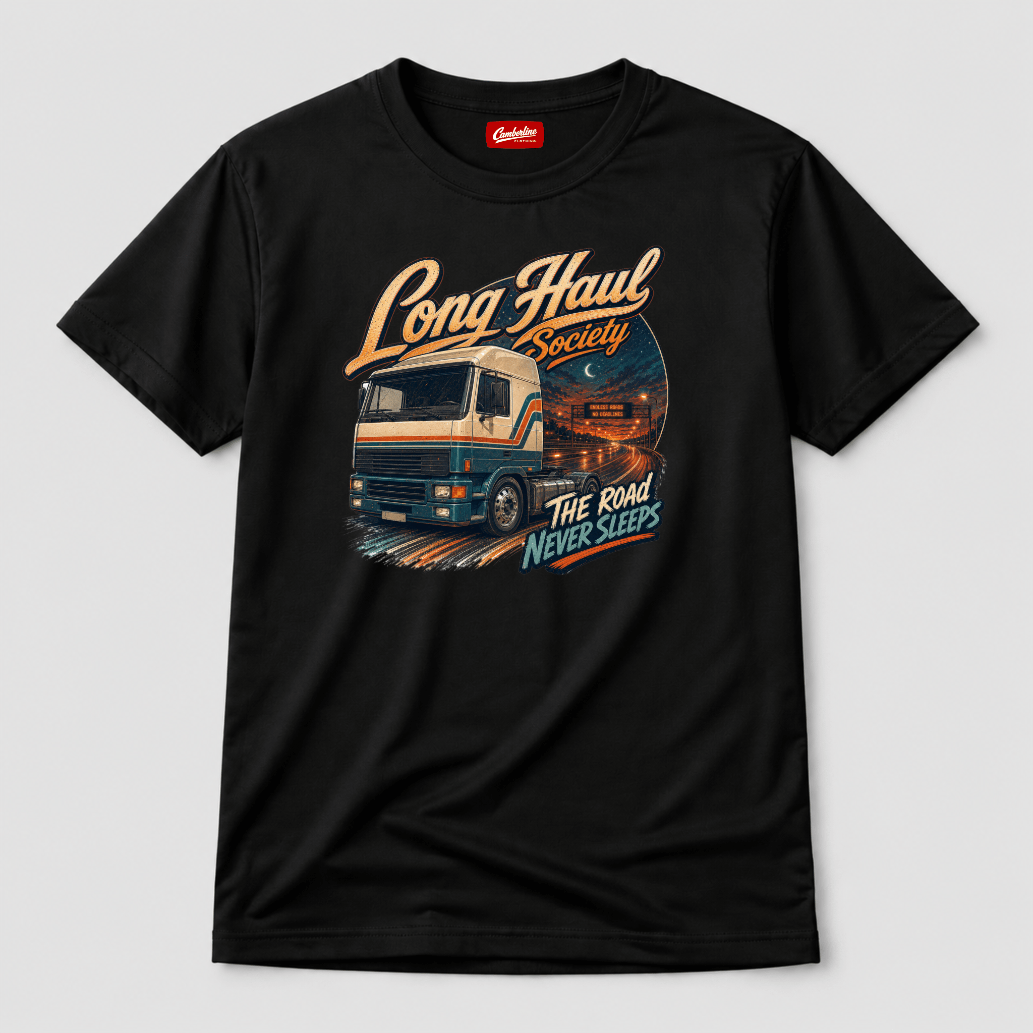 Camberline Long Haul Society T-Shirt showing the front graphic print for lorries and haulage clothing