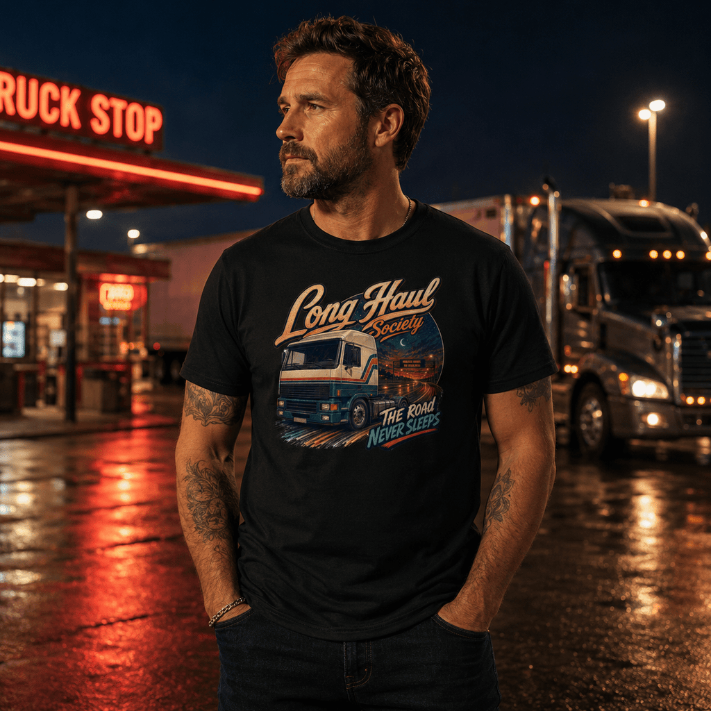 Model wearing the Camberline Long Haul Society T-Shirt with lorry graphic clothing design