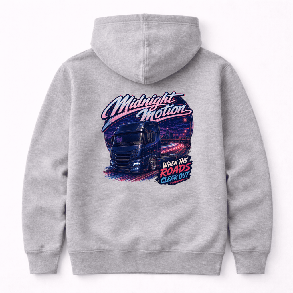 Camberline Midnight Motion Lorry Hoodie showing the back graphic print for lorries and haulage clothing