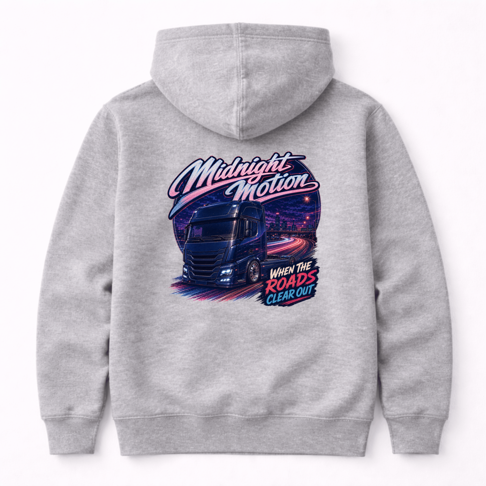 Camberline Midnight Motion Lorry Hoodie showing the back graphic print for lorries and haulage clothing