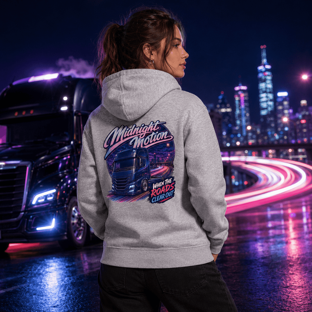 Model wearing the Camberline Midnight Motion Lorry Hoodie with lorry graphic clothing design