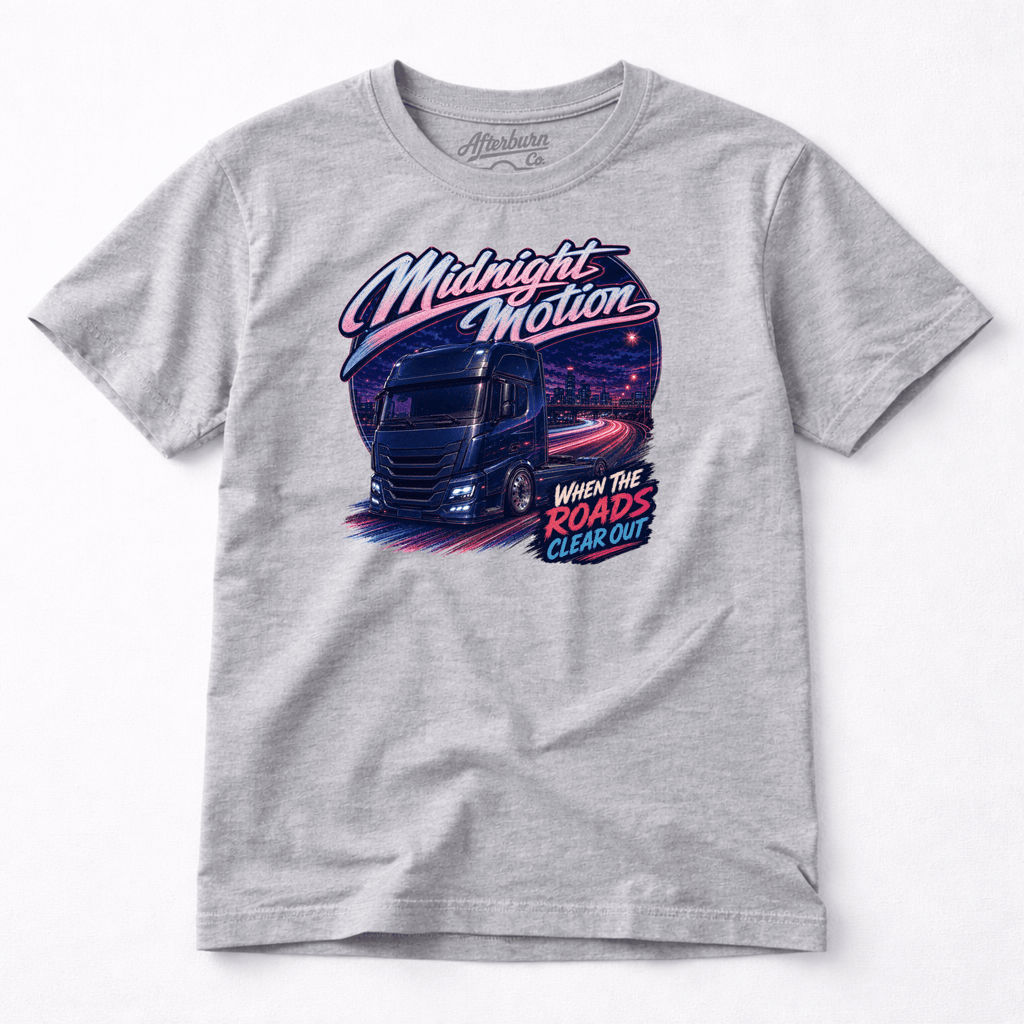 Camberline Midnight Motion Lorry T-Shirt showing the front graphic print for lorries and haulage clothing