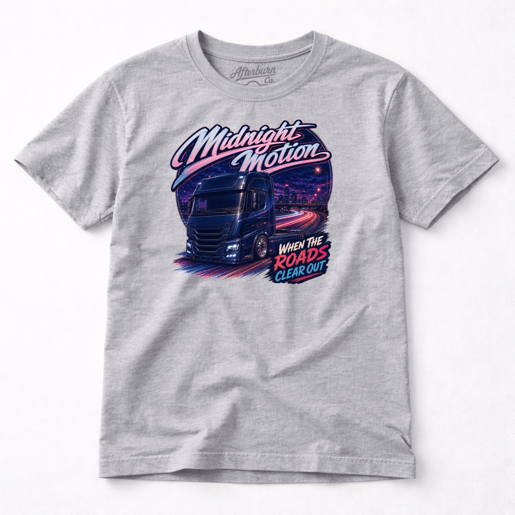 Camberline Midnight Motion Lorry T-Shirt showing the front graphic print for lorries and haulage clothing