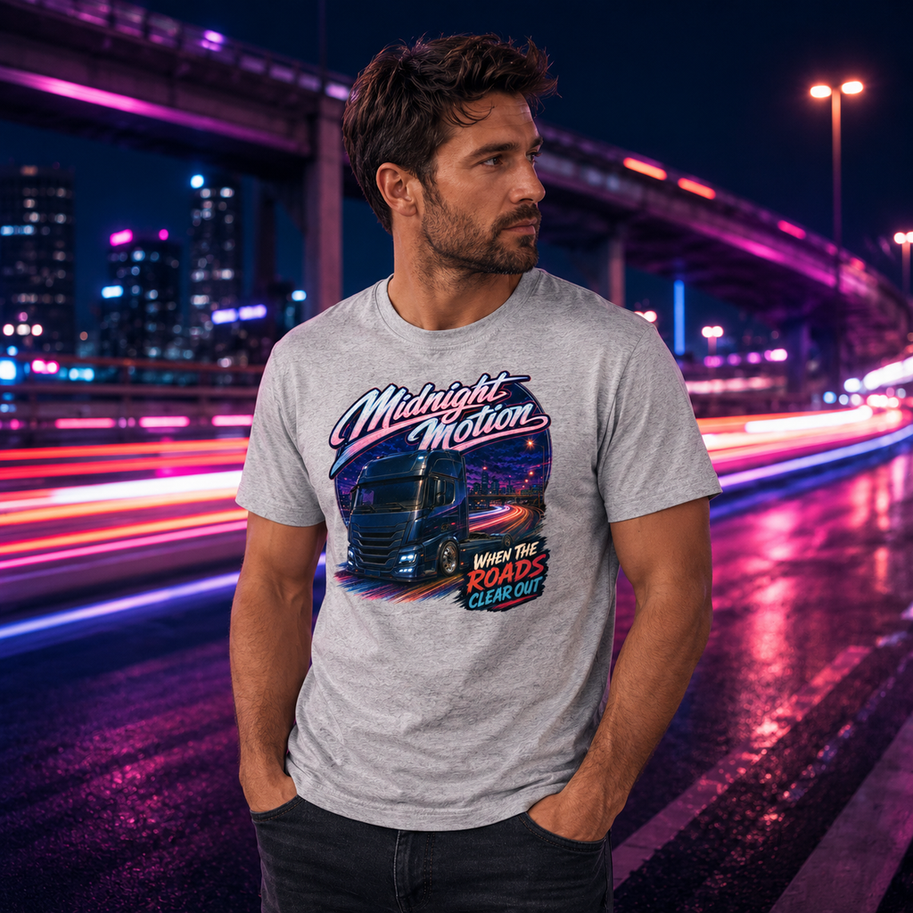 Model wearing the Camberline Midnight Motion Lorry T-Shirt with lorry graphic clothing design