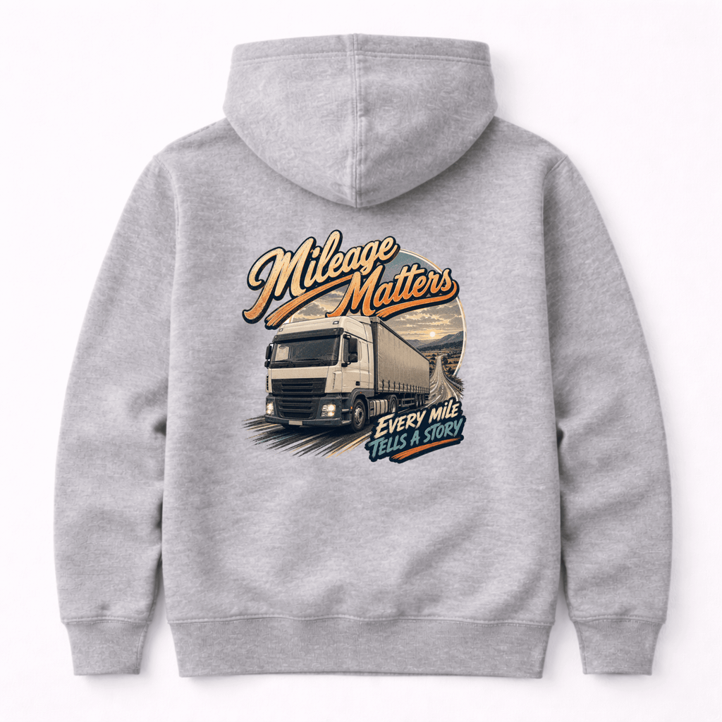 Camberline Mileage Matters Box Truck Hoodie showing the back graphic print for lorries and haulage clothing