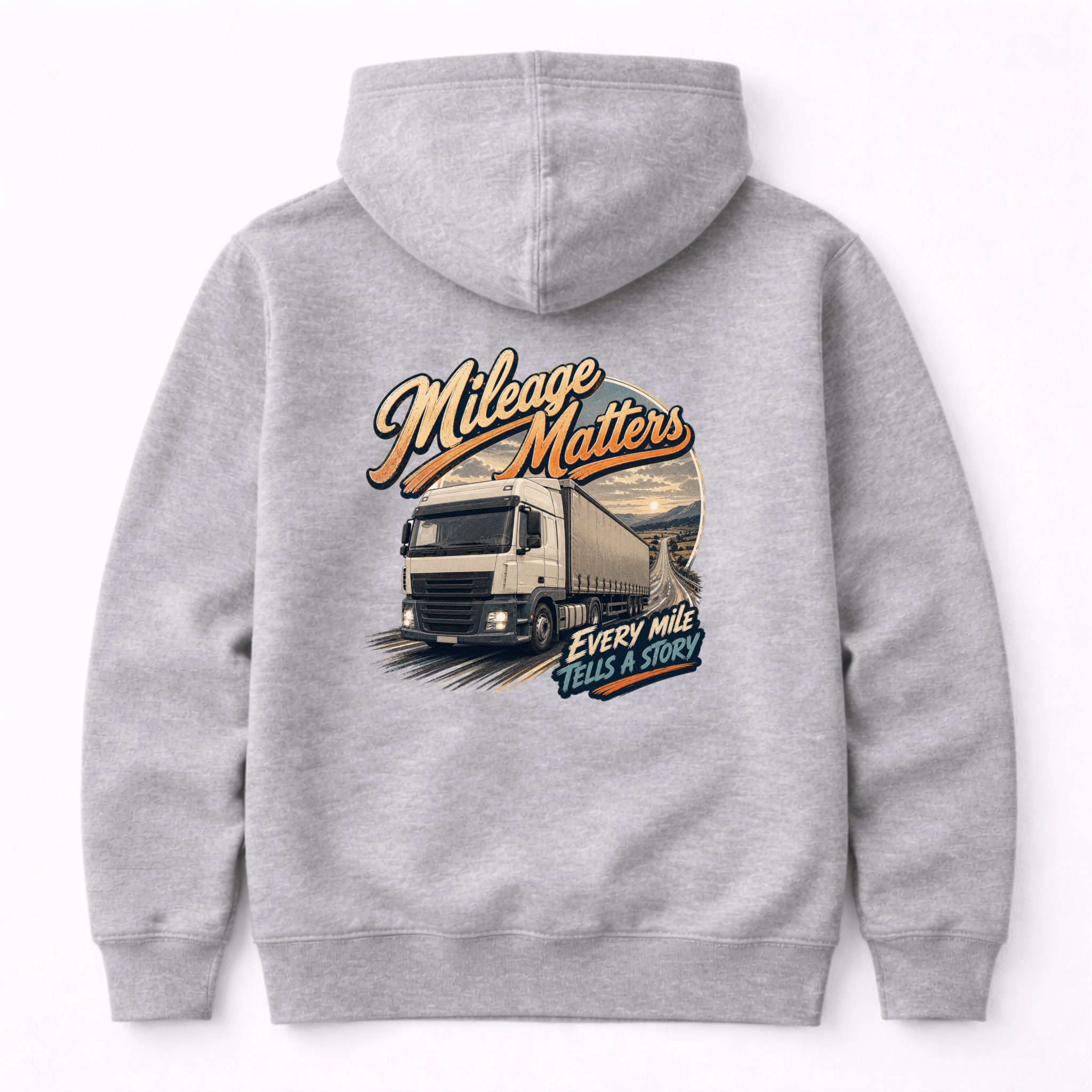 Camberline Mileage Matters Box Truck Hoodie showing the back graphic print for lorries and haulage clothing