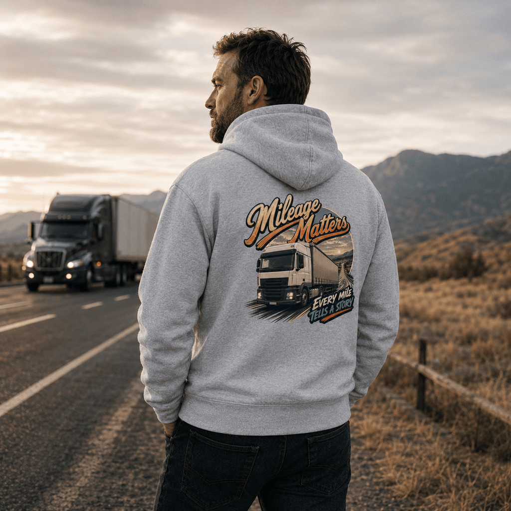 Model wearing the Camberline Mileage Matters Box Truck Hoodie with lorry graphic clothing design