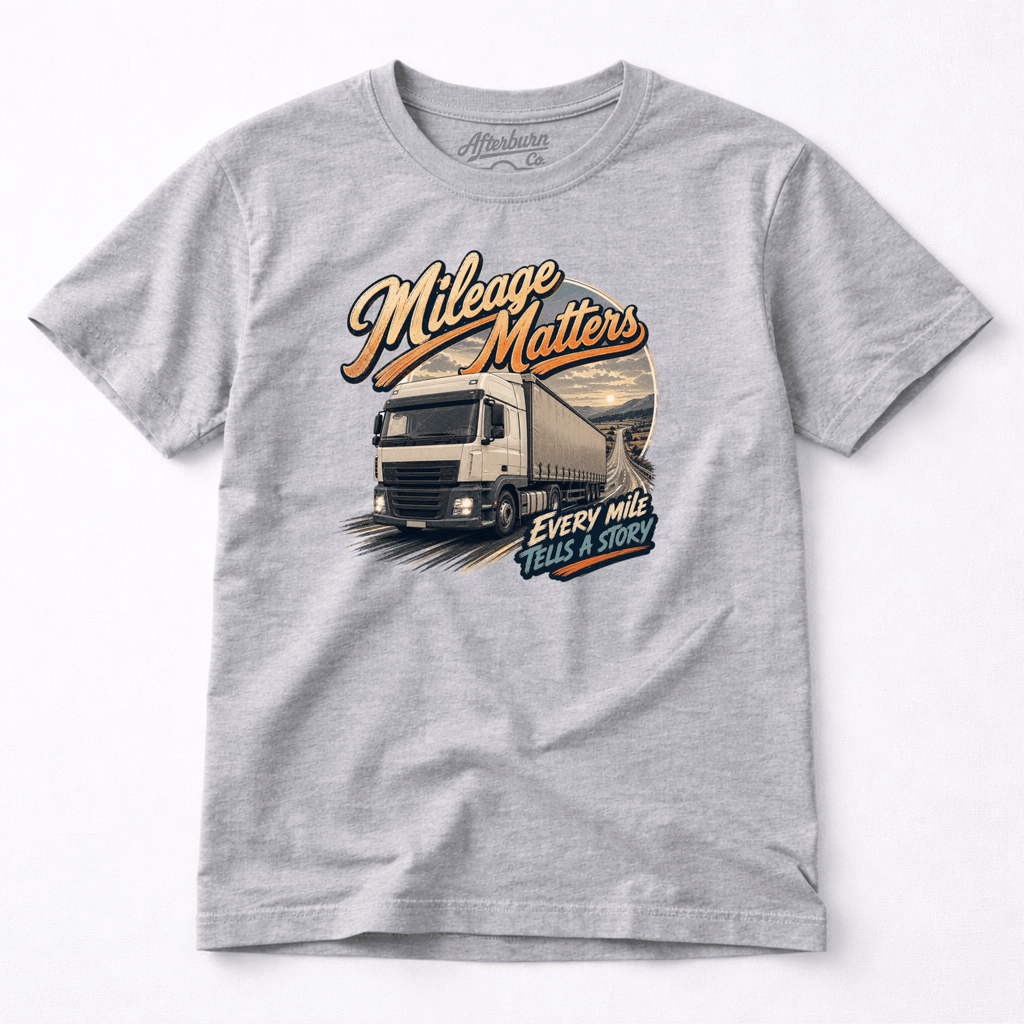 Camberline Mileage Matters Box Truck T-Shirt showing the front graphic print for lorries and haulage clothing