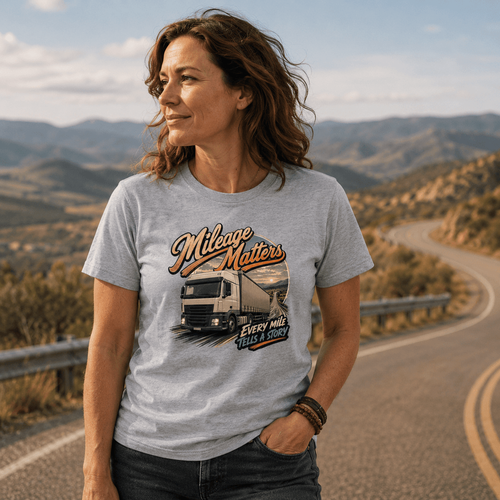 Model wearing the Camberline Mileage Matters Box Truck T-Shirt with lorry graphic clothing design
