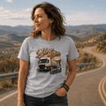 Model wearing the Camberline Mileage Matters Box Truck T-Shirt with lorry graphic clothing design