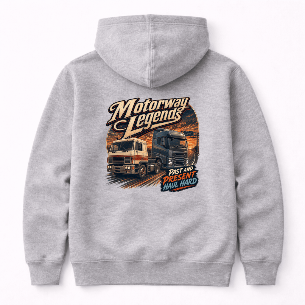 Camberline Motorway Legends Lorry Hoodie showing the back graphic print for lorries and haulage clothing