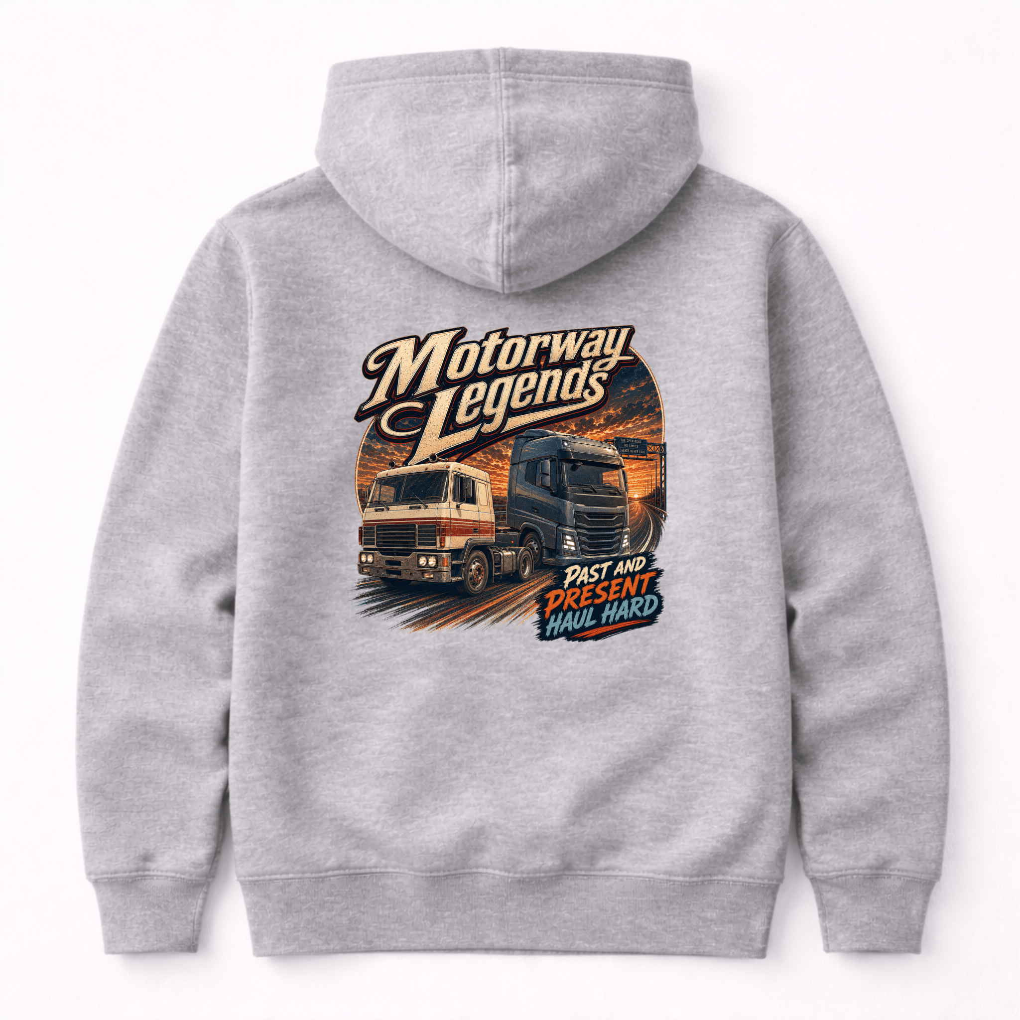 Camberline Motorway Legends Lorry Hoodie showing the back graphic print for lorries and haulage clothing
