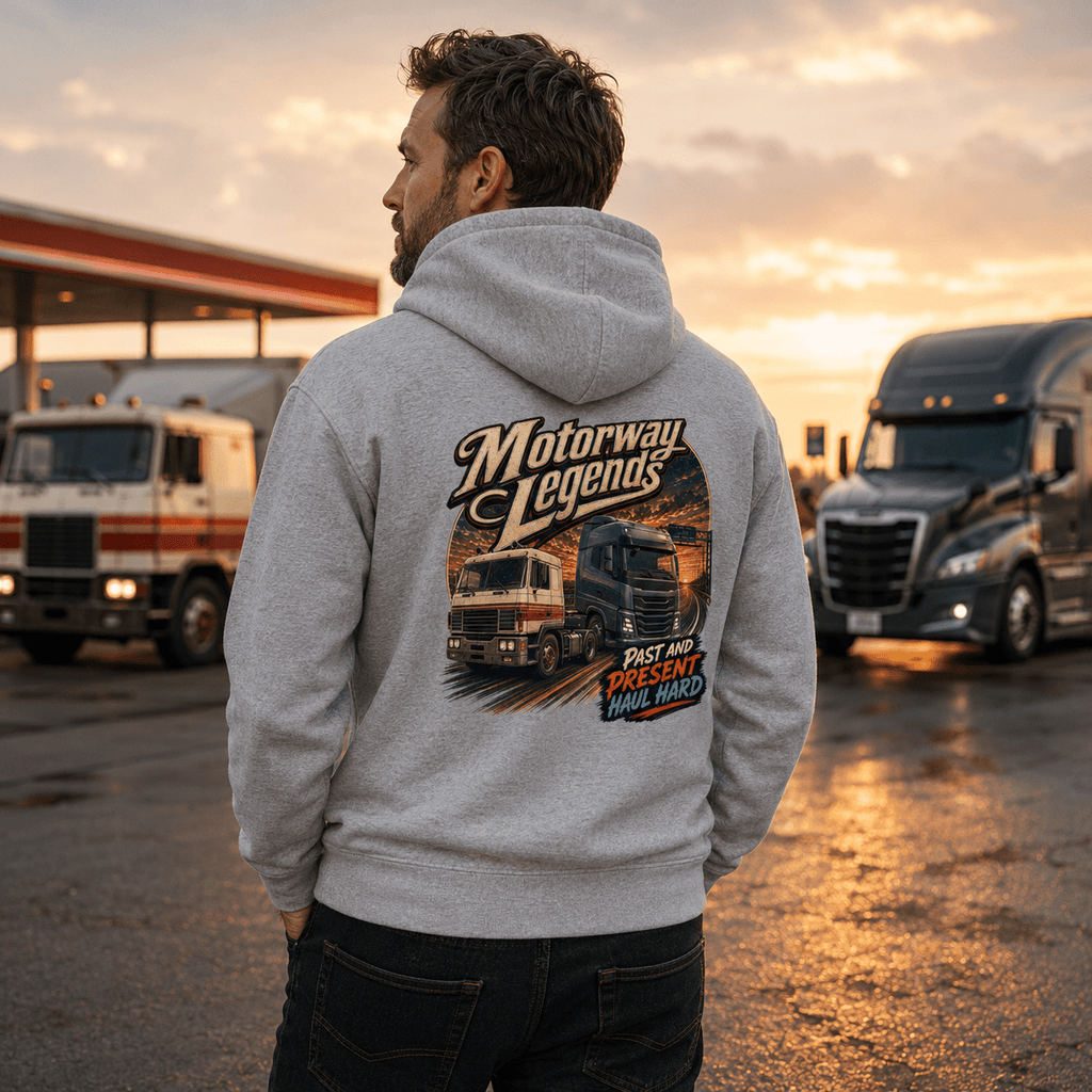 Model wearing the Camberline Motorway Legends Lorry Hoodie with lorry graphic clothing design